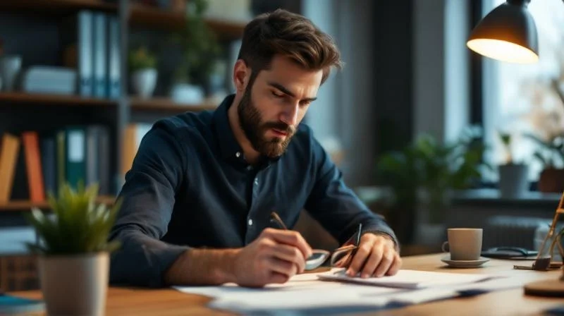 Mann liest Foerderunterlagen am Schreibtisch in einem Solingener Buero