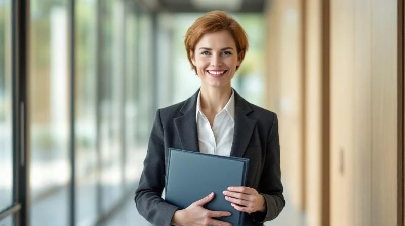 Berufstaetige Frau aus Solingen haelt stolz ihr IHK-Zertifikat in den Haenden