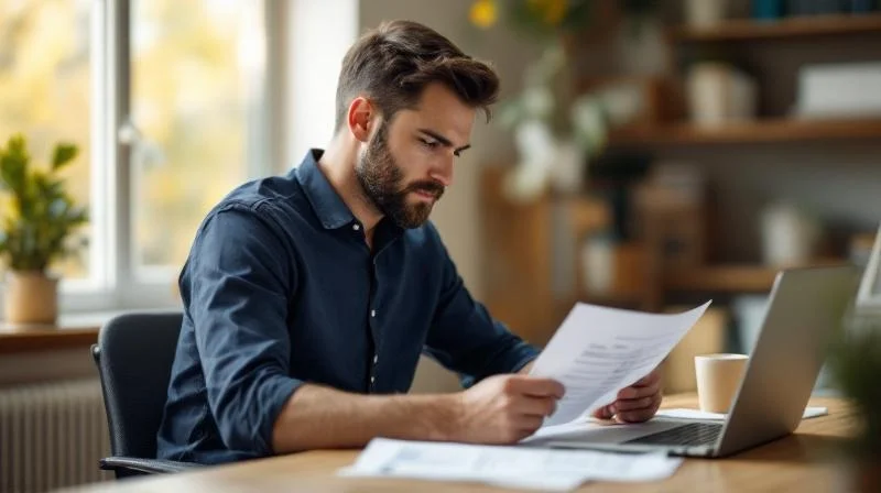Mann studiert Weiterbildungsunterlagen am Schreibtisch in einem hellen Buero in Solingen
