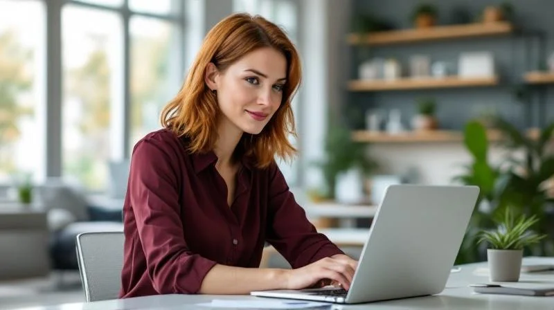 Frau arbeitet konzentriert am Laptop in einem modernen Buero in Solingen
