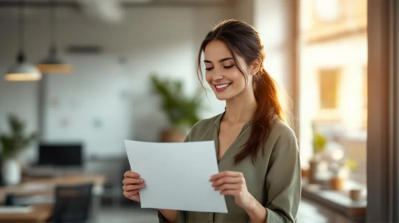 Frau haelt IHK-Zeugnis in der Hand und freut sich ueber die Meisterpraemie in NRW