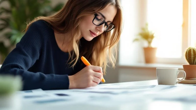 Frau mit Unterlagen am Schreibtisch in Solingen bereitet sich auf die IHK-Pruefung vor